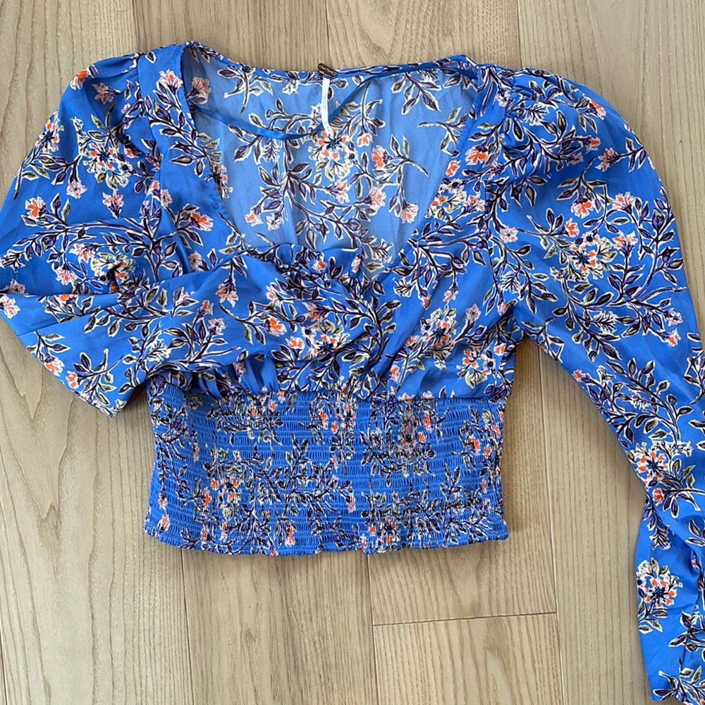 Free People: Floral Blue Smocked Women's Top